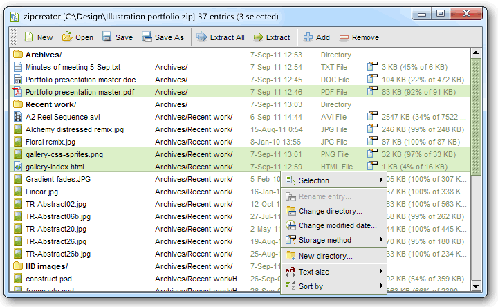zipcreator screenshot running on Windows